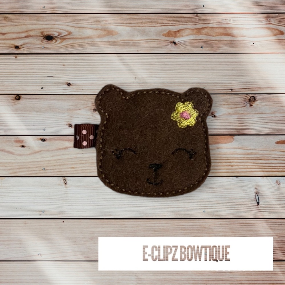 New baby girl bear feltie on ribbon lined hair clip for babies/toddlers/girls